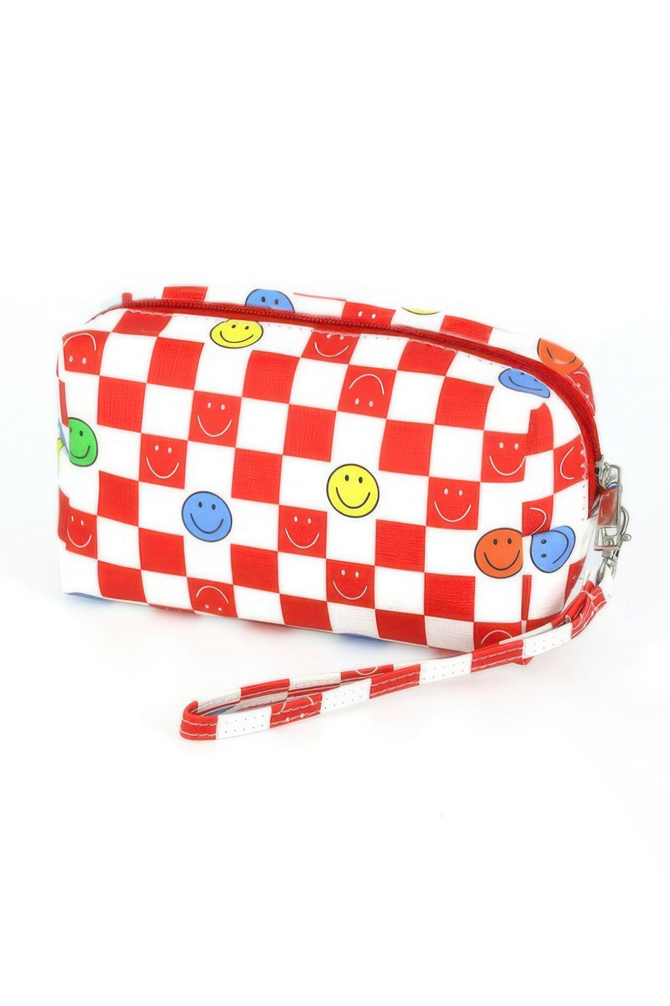 Red checkered smiley-face wristlet pouch, zip top with long wrist strap
