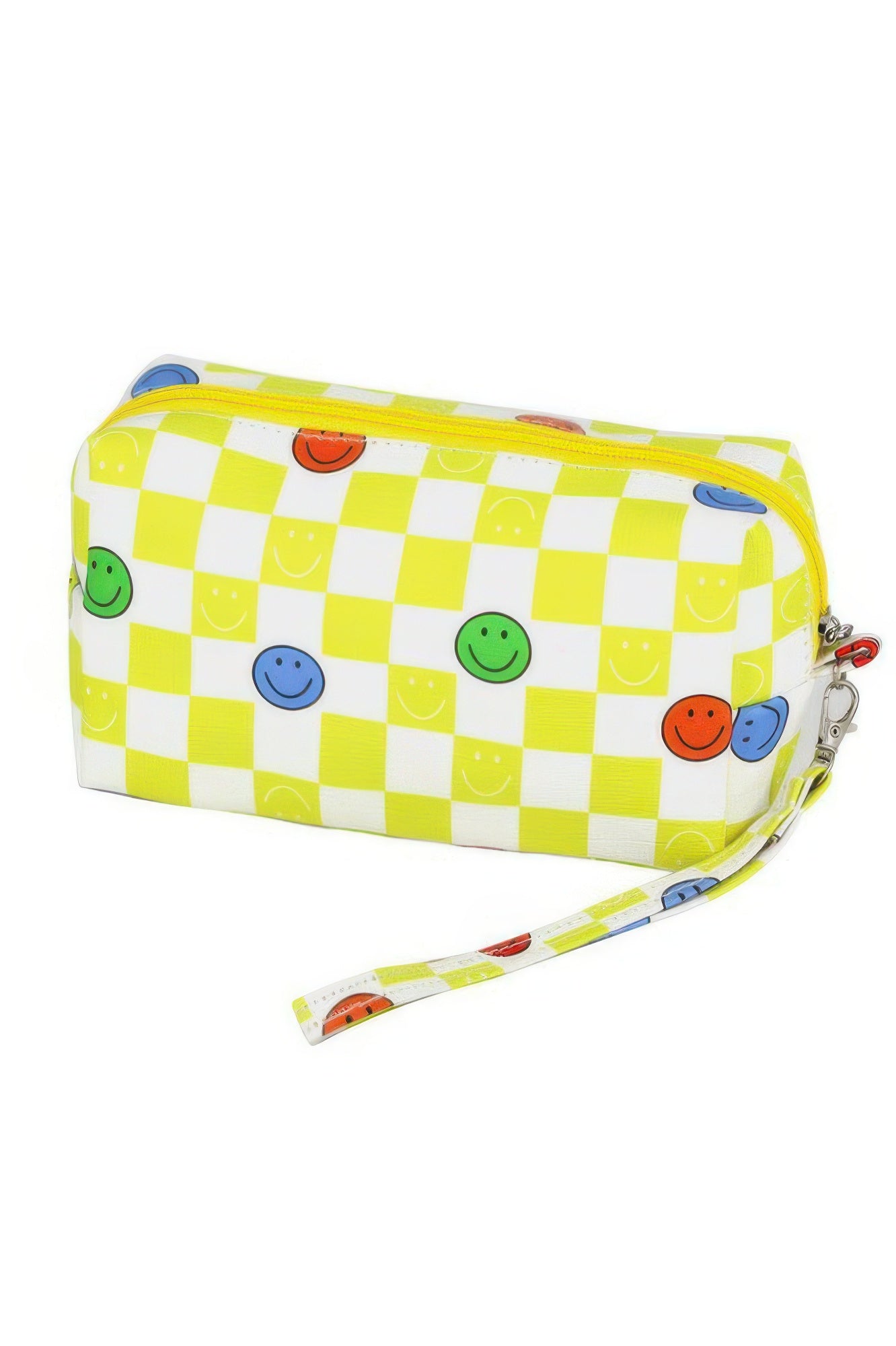 Yellow checkered smiley-face wristlet pouch with zip closure and wrist strap