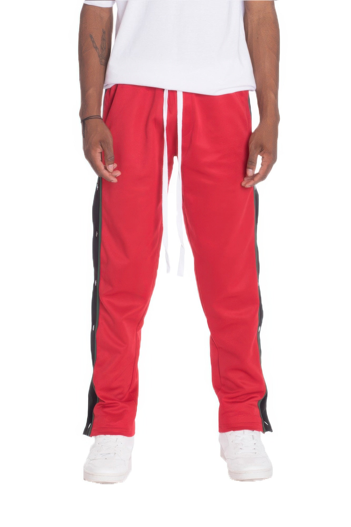 Snap Button Track Pants red with white drawstring and black side stripe