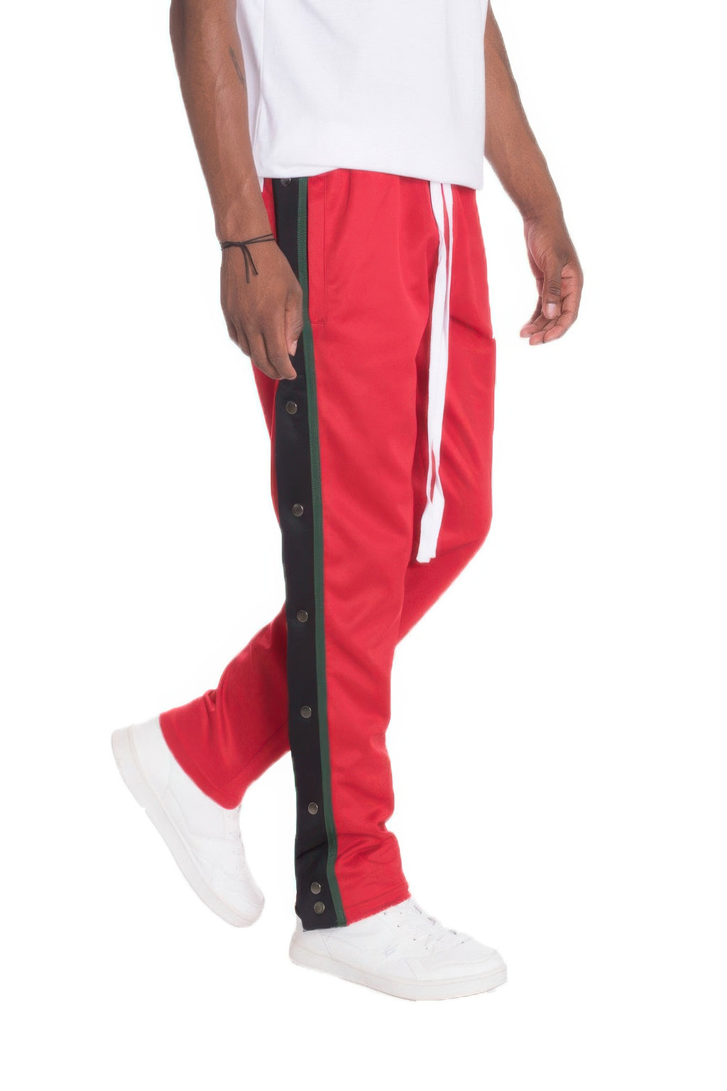 Snap Button Track Pants red, black snap-button panel and white drawcord ties