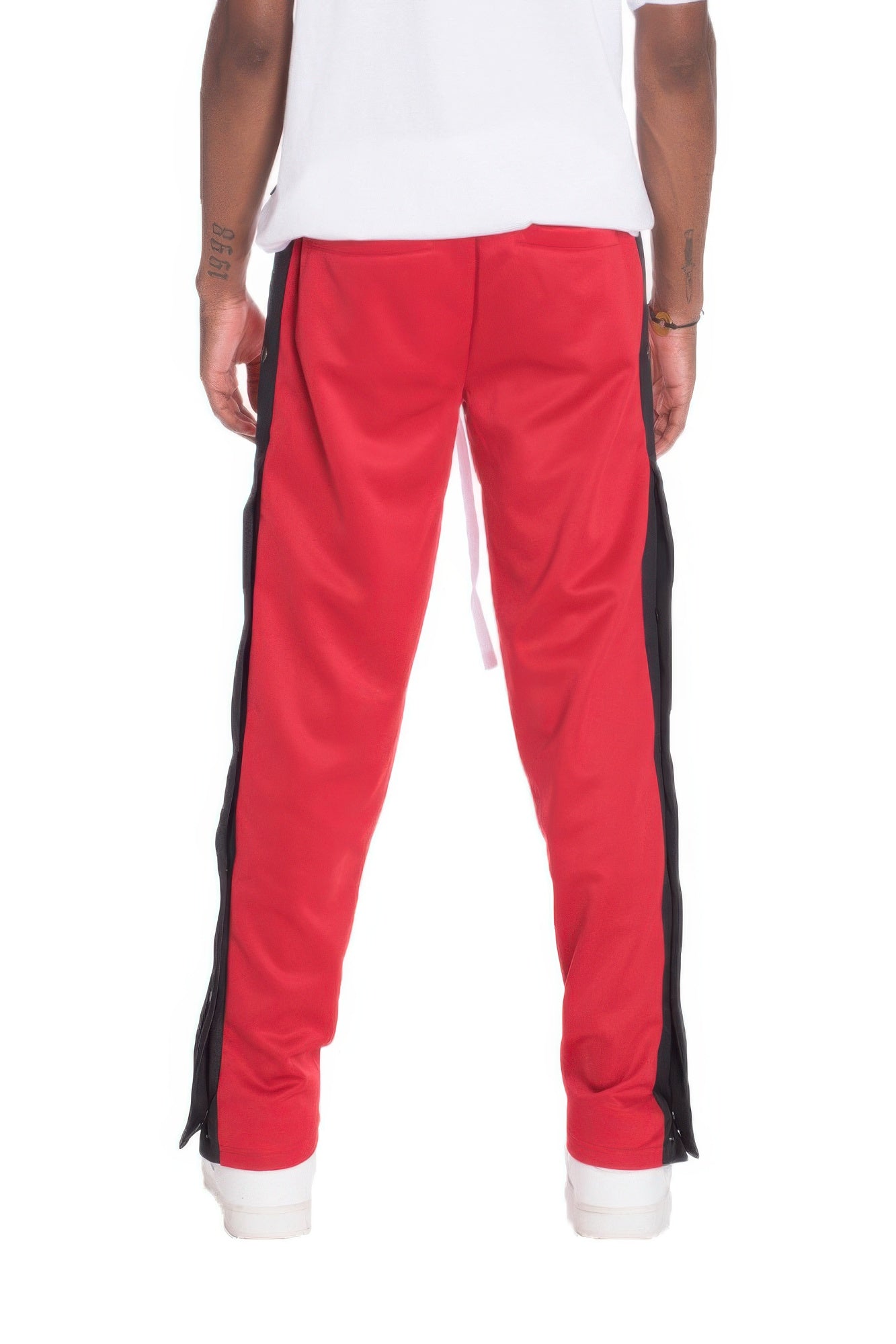 Snap Button Track Pants red back view with black side stripes and tapered legs