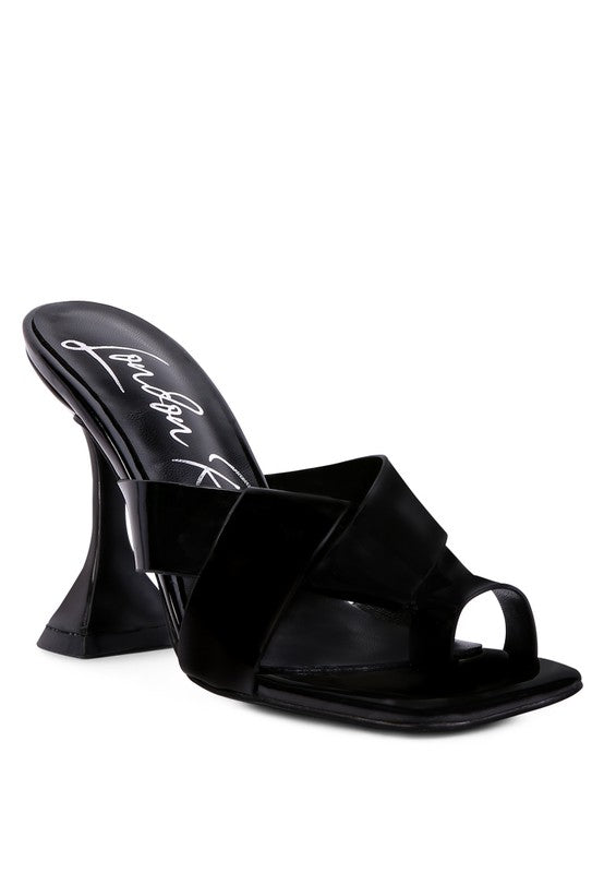 Black heeled mule sandals with intertwined toe ring straps and sculpted block heel