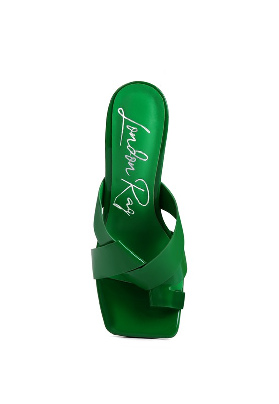 Rag Company snatched intertwined toe ring heeled sandals, green slide with crisscross strap
