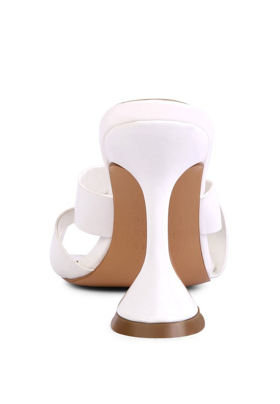 Back view of white heeled sandals with crisscross toe ring straps and block heel