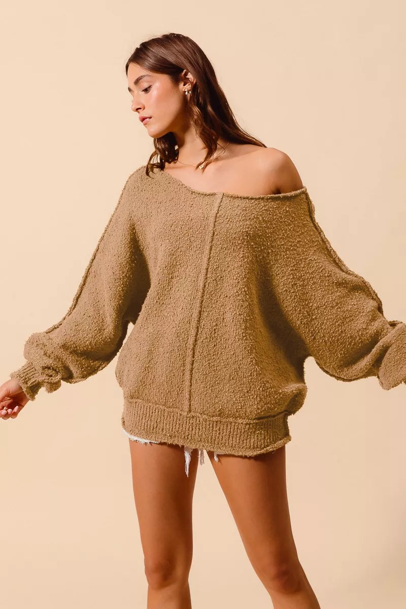 Taupe bouclé knit sweater with loose shape, wide off-shoulder neckline, long balloon sleeves
