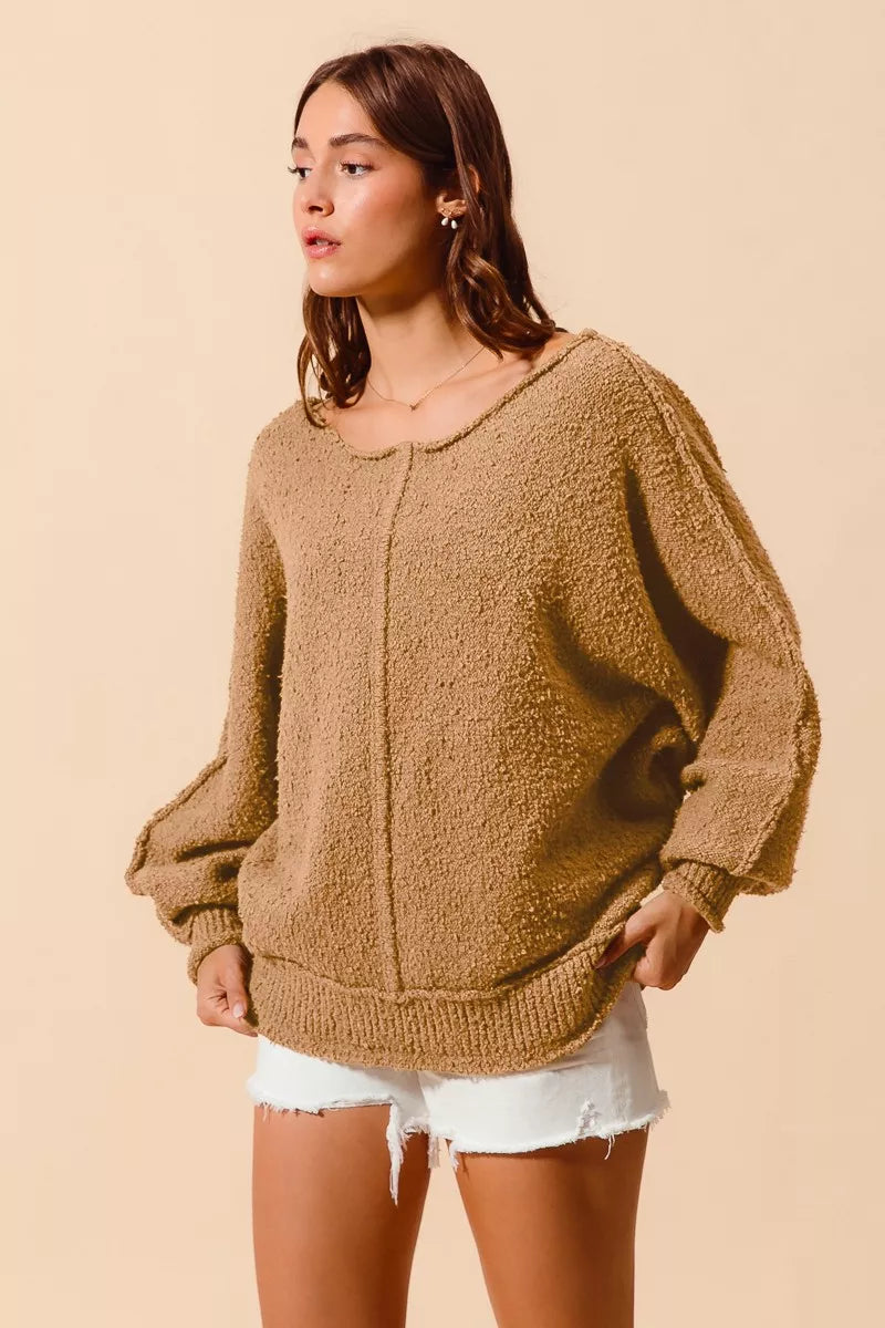 Taupe boucle slouchy sweater with exposed seams, loose fit and dropped shoulders
