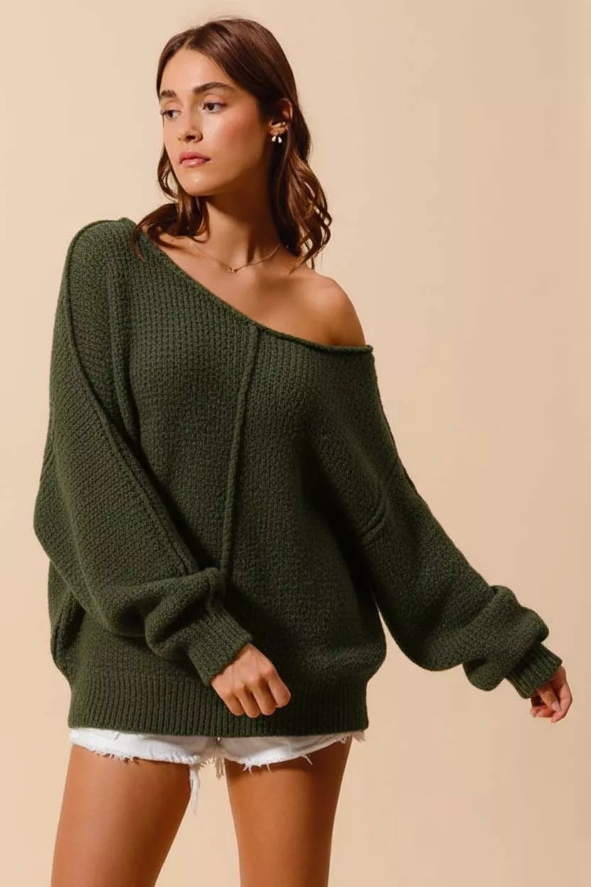 Olive boucle slouchy sweater, loose fit off-shoulder with exposed seam detail