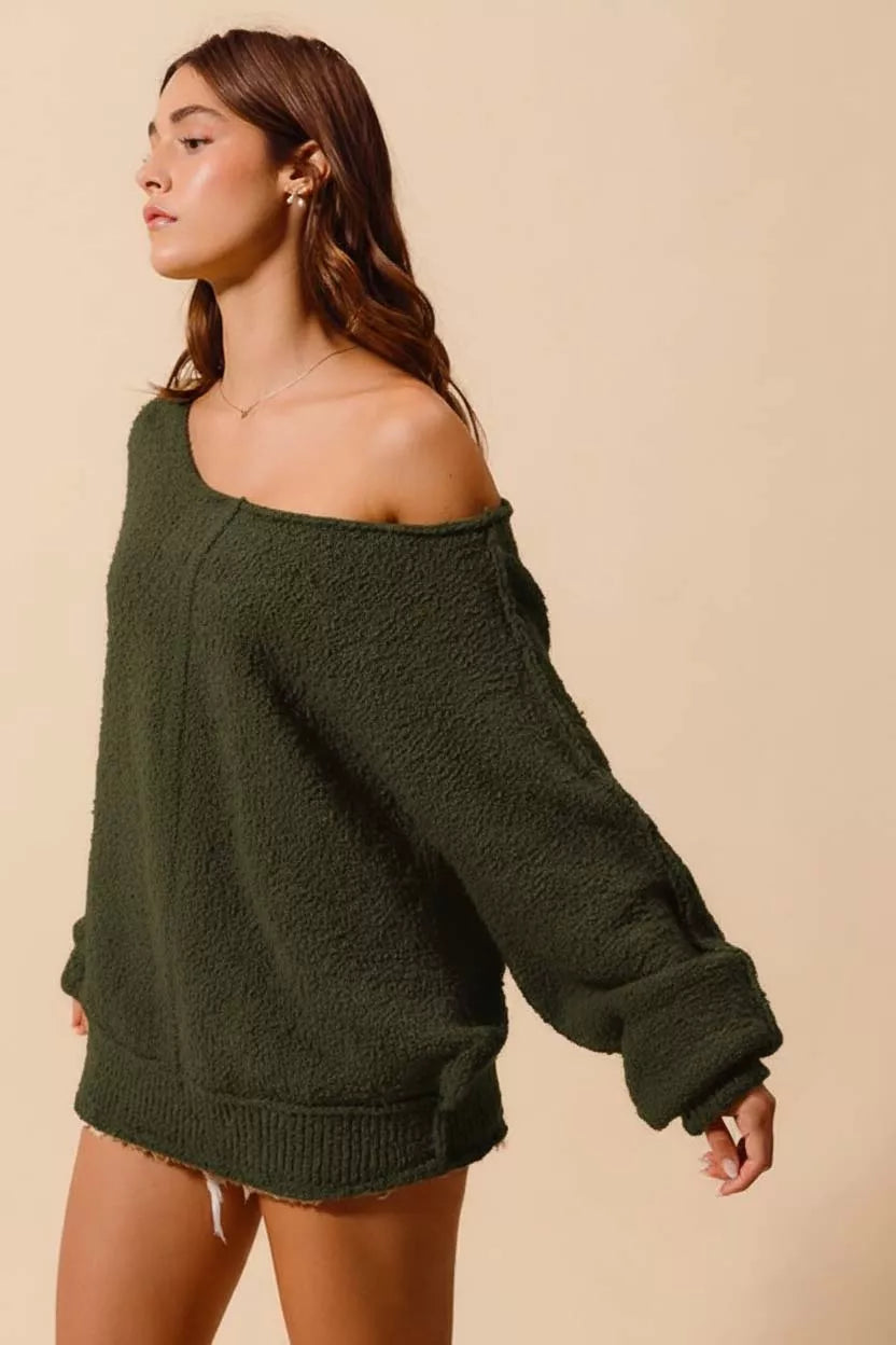Olive loose-fit off-shoulder sweater with dropped shoulders and exposed seam