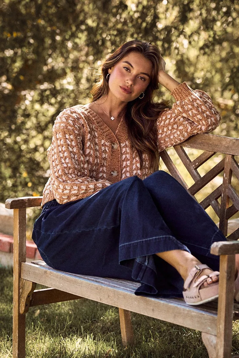 Camel SO ME chenille button cardigan with textured stitch, V-neck and ribbed cuffs