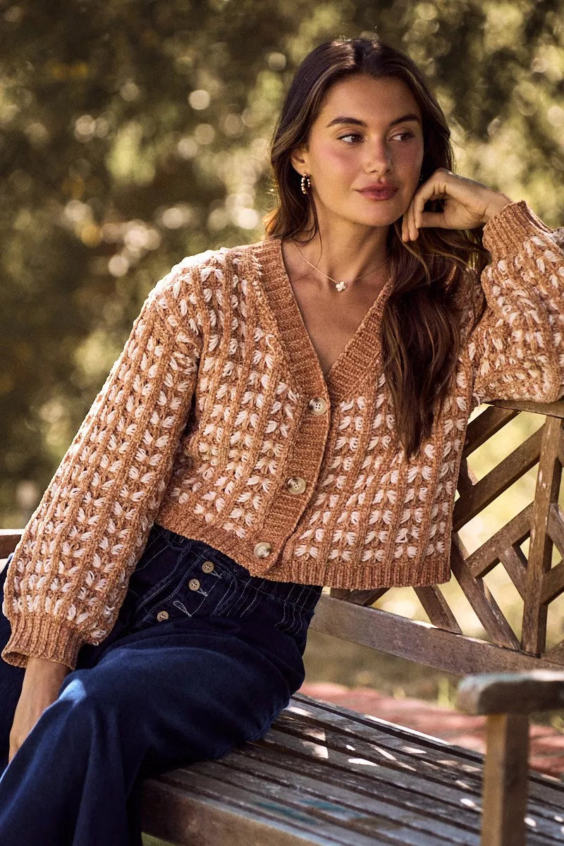 Camel chenille yarn button cardigan, V-neck with front button placket and ribbed cuffs