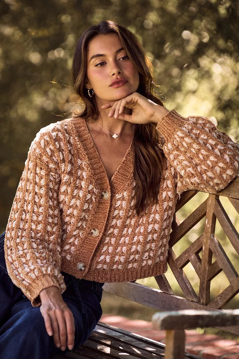 Camel knit button cardigan with textured pattern, V-neckline and ribbed sleeve cuffs