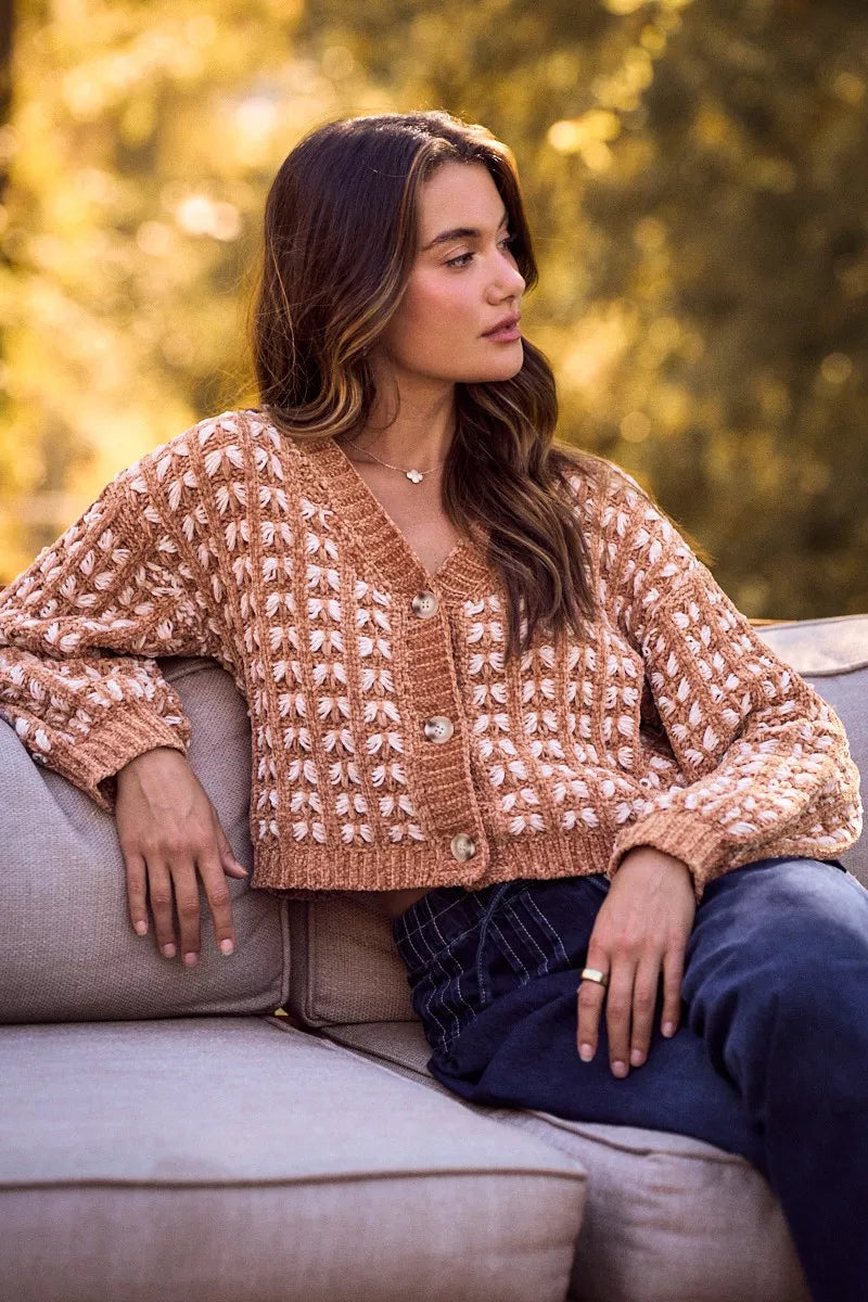 Camel textured chenille button cardigan with long sleeves, V-neck and front buttons