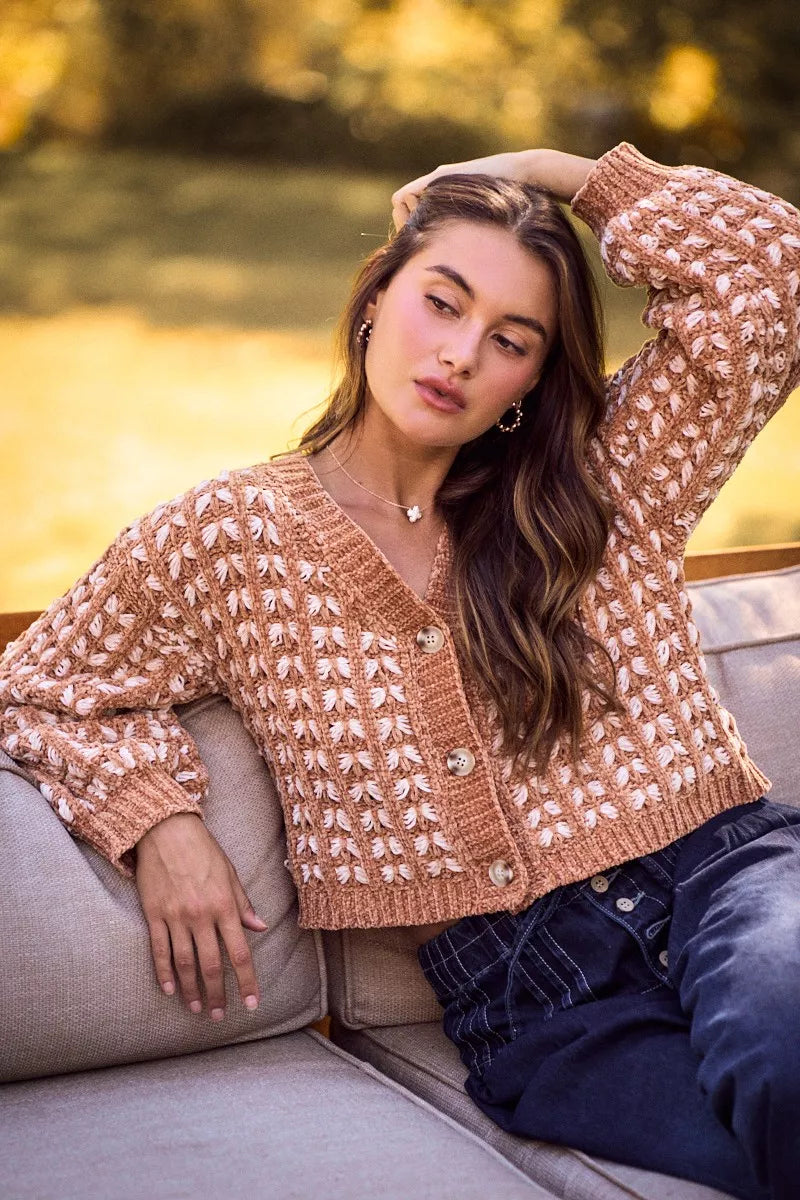 Camel chenille button cardigan with textured knit and V-neck, ribbed cuffs and hem