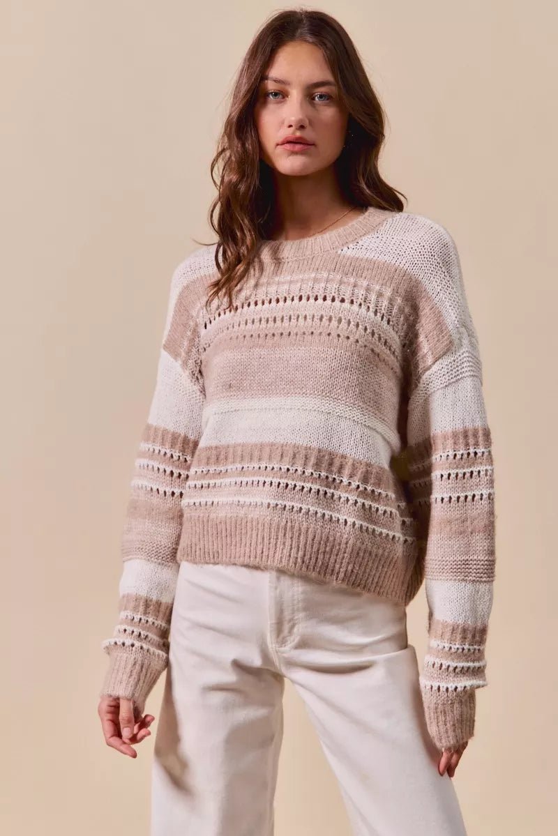 Taupe variegated stripe textured loose-fit sweater with crew neckline
