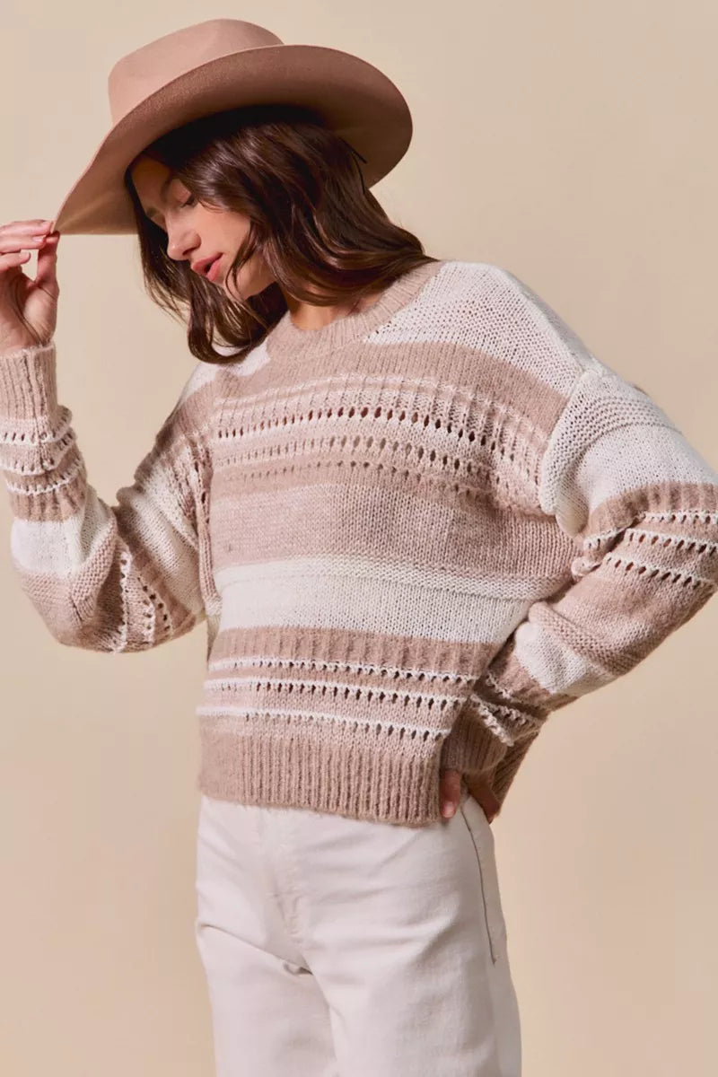 Taupe striped loose sweater with textured knit and ribbed cuffs