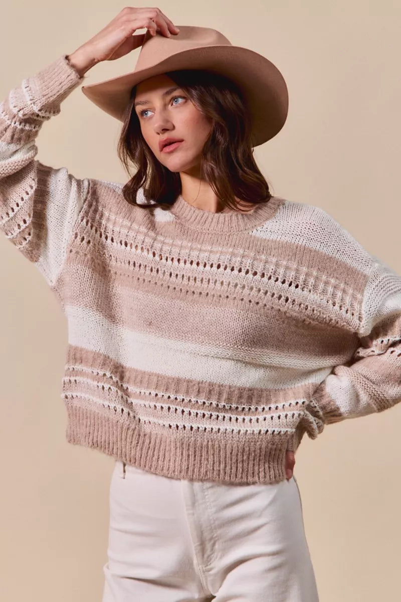 SO ME variegated stripe sweater in taupe tones, wide loose silhouette