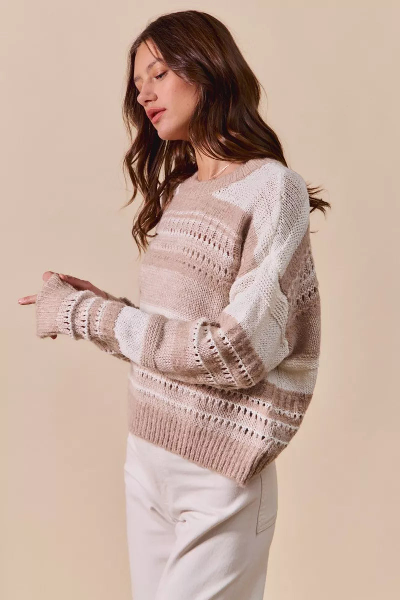 Taupe knit sweater featuring horizontal stripe bands and crew neck