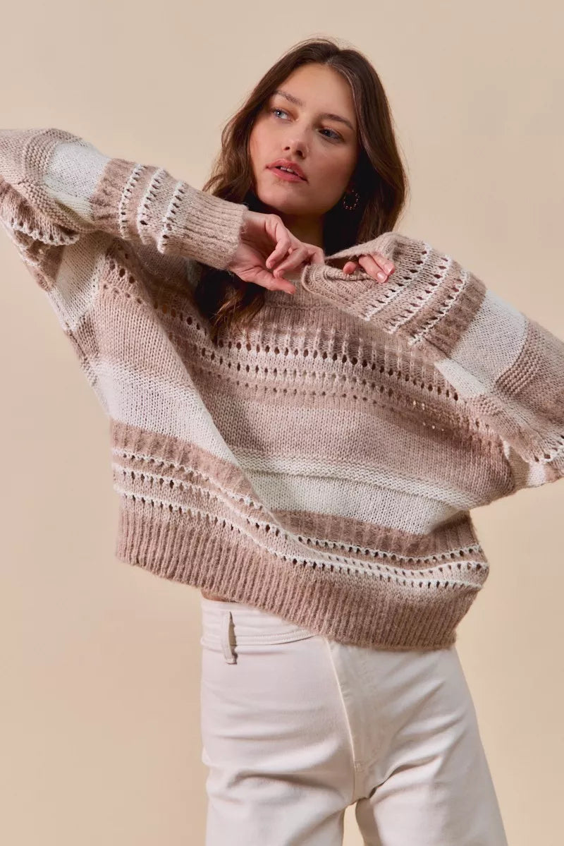Variegated stripe textured sweater, taupe and cream horizontal patterns