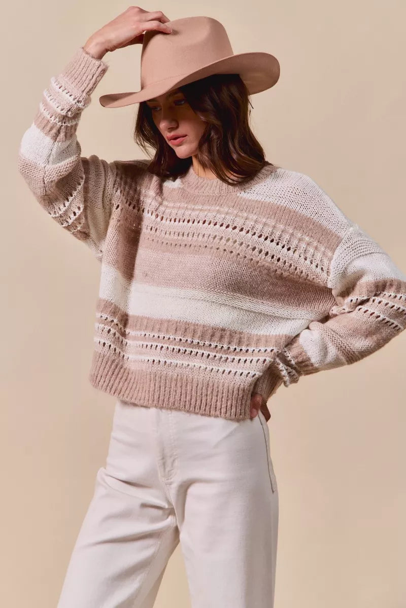 Taupe loose-fit striped sweater with textured knit and ribbed hem
