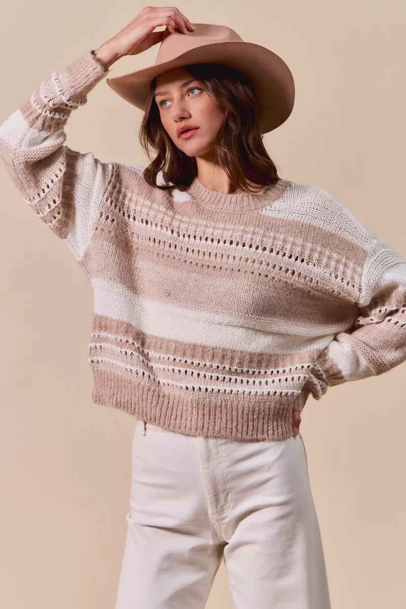 Taupe striped textured sweater with dropped shoulder and wide sleeves