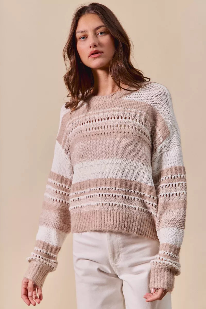 Taupe horizontal stripe sweater with textured stitch details and loose fit