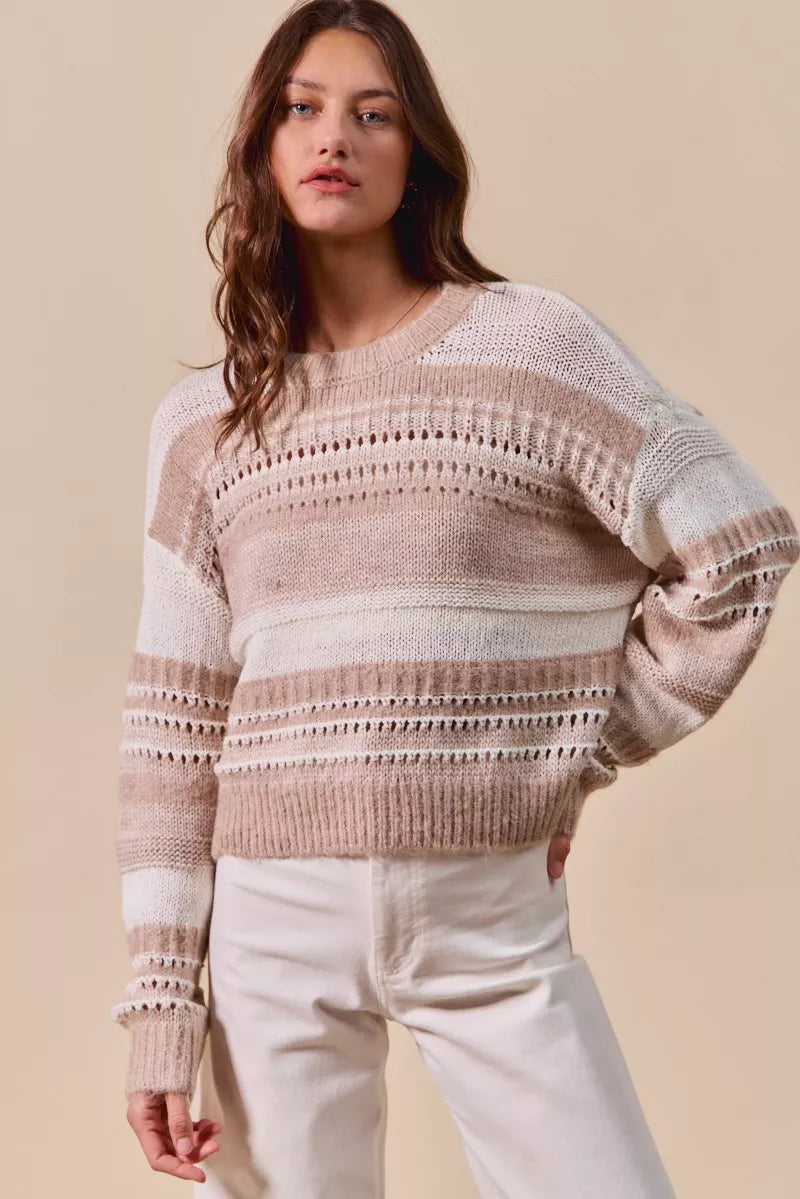 Taupe loose fit knit sweater with variegated stripes and crew neckline