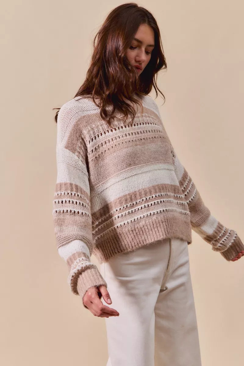 Taupe variegated stripe textured loose-knit sweater, crewneck, long sleeves
