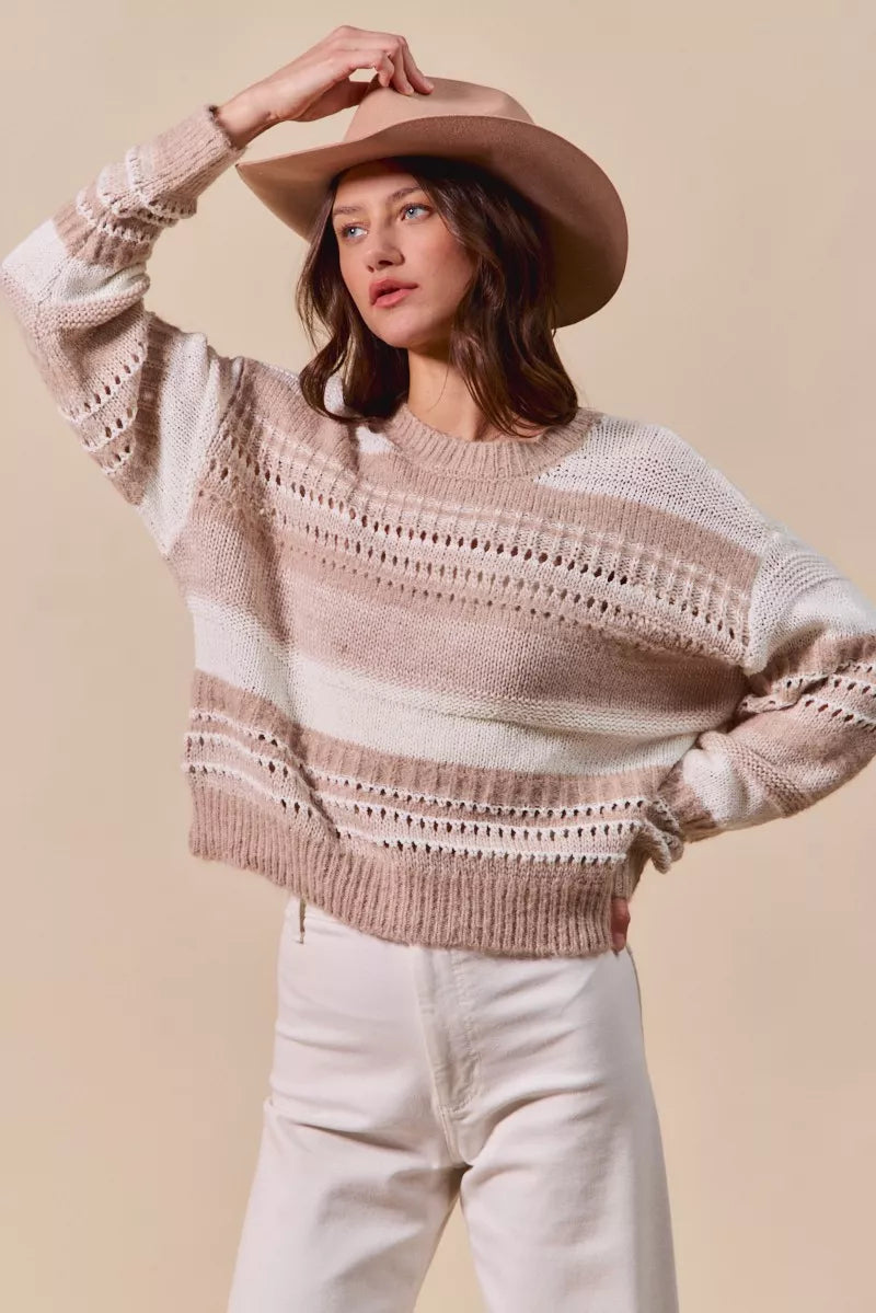 Taupe/cream variegated stripe textured sweater with crew neck and dropped shoulders