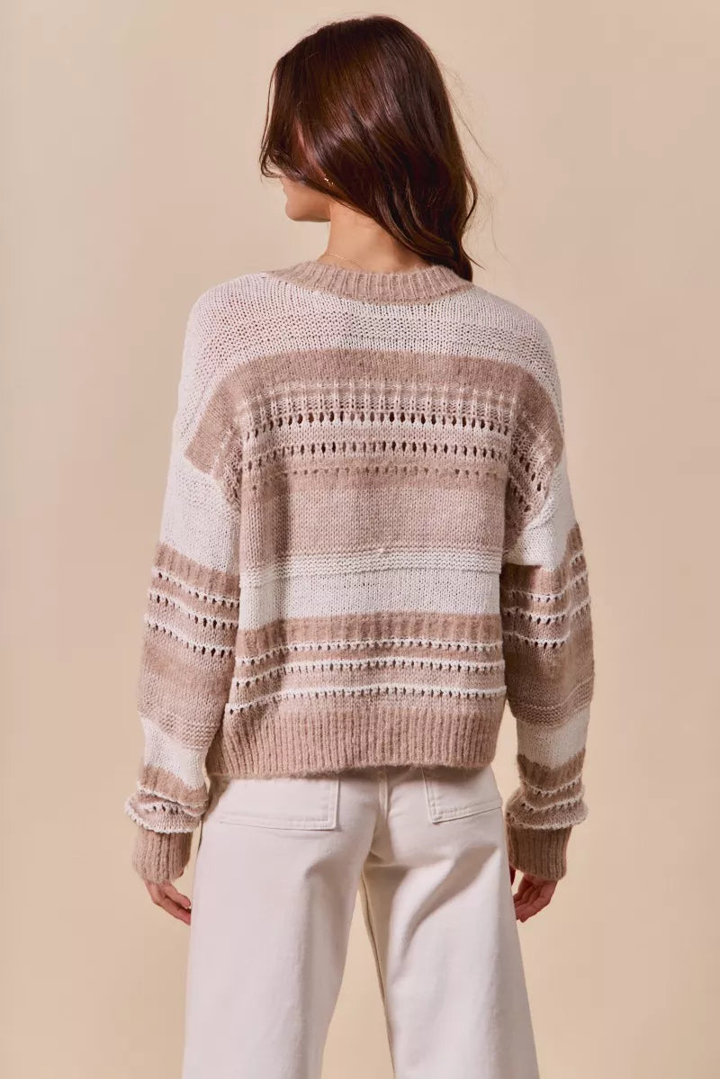 Back view: taupe variegated stripe knit sweater with ribbed cuffs and crew neck