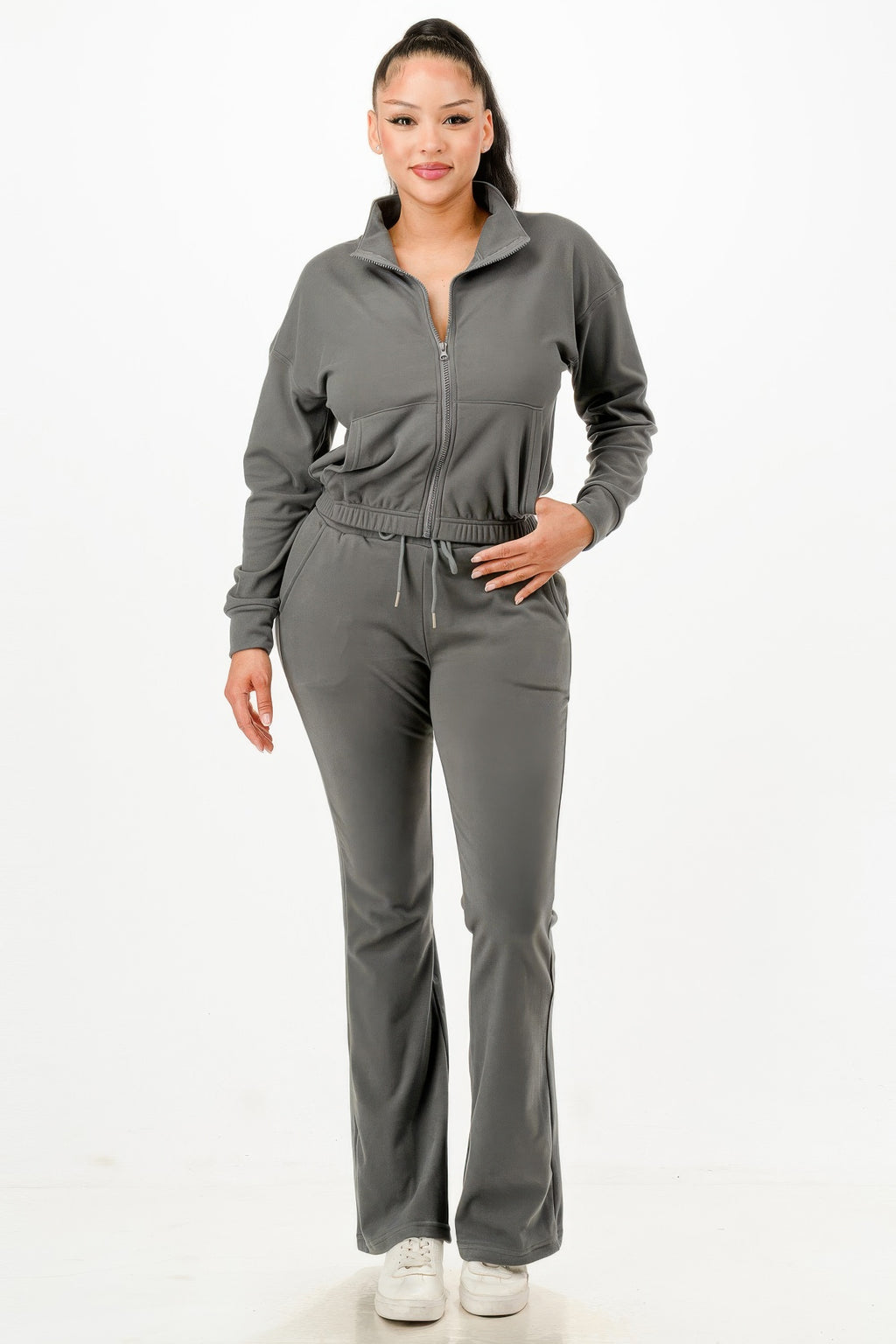 Soft Zipup Track Suit Set: gray zip jacket and matching drawstring pants, full view.
