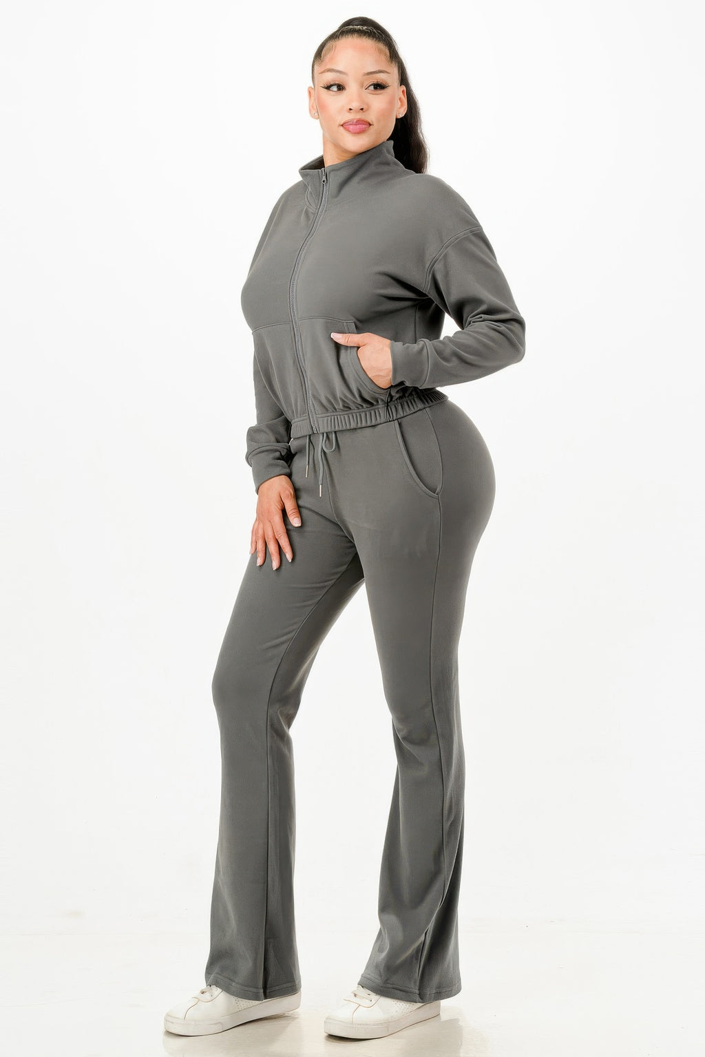 Gray zip-up track suit set, angled front: elastic waistband, drawstring pants, zip jacket.