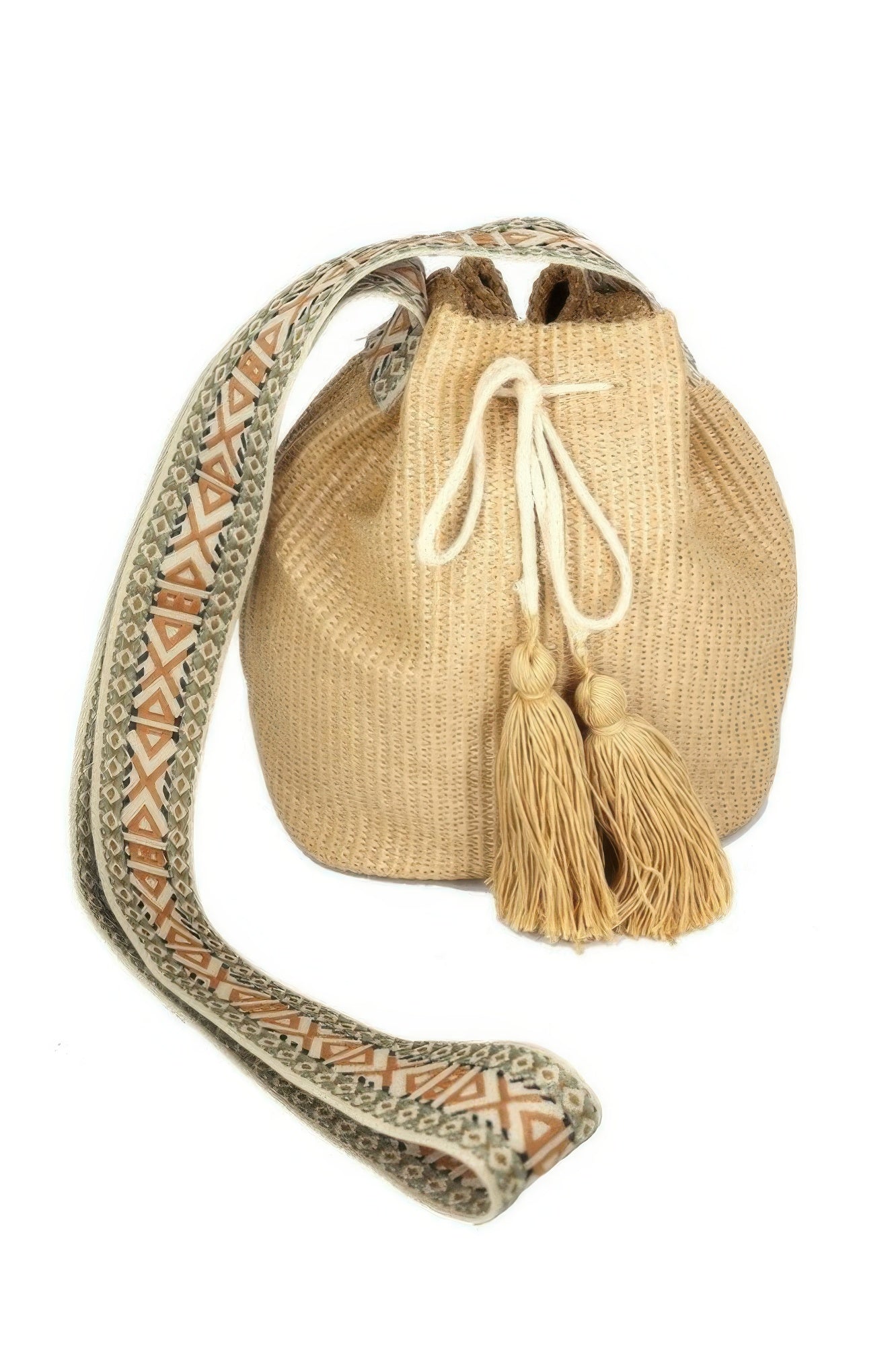 Solid bucket bag with Aztec strap, taupe woven drawstring top and tan tassel