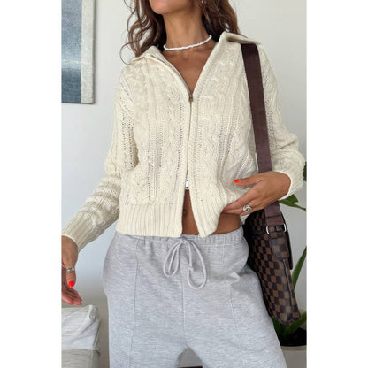 Solid Cable Knit Drop Shoulder Zipper Cardigan - Tigbul's Variety Fashion Shop