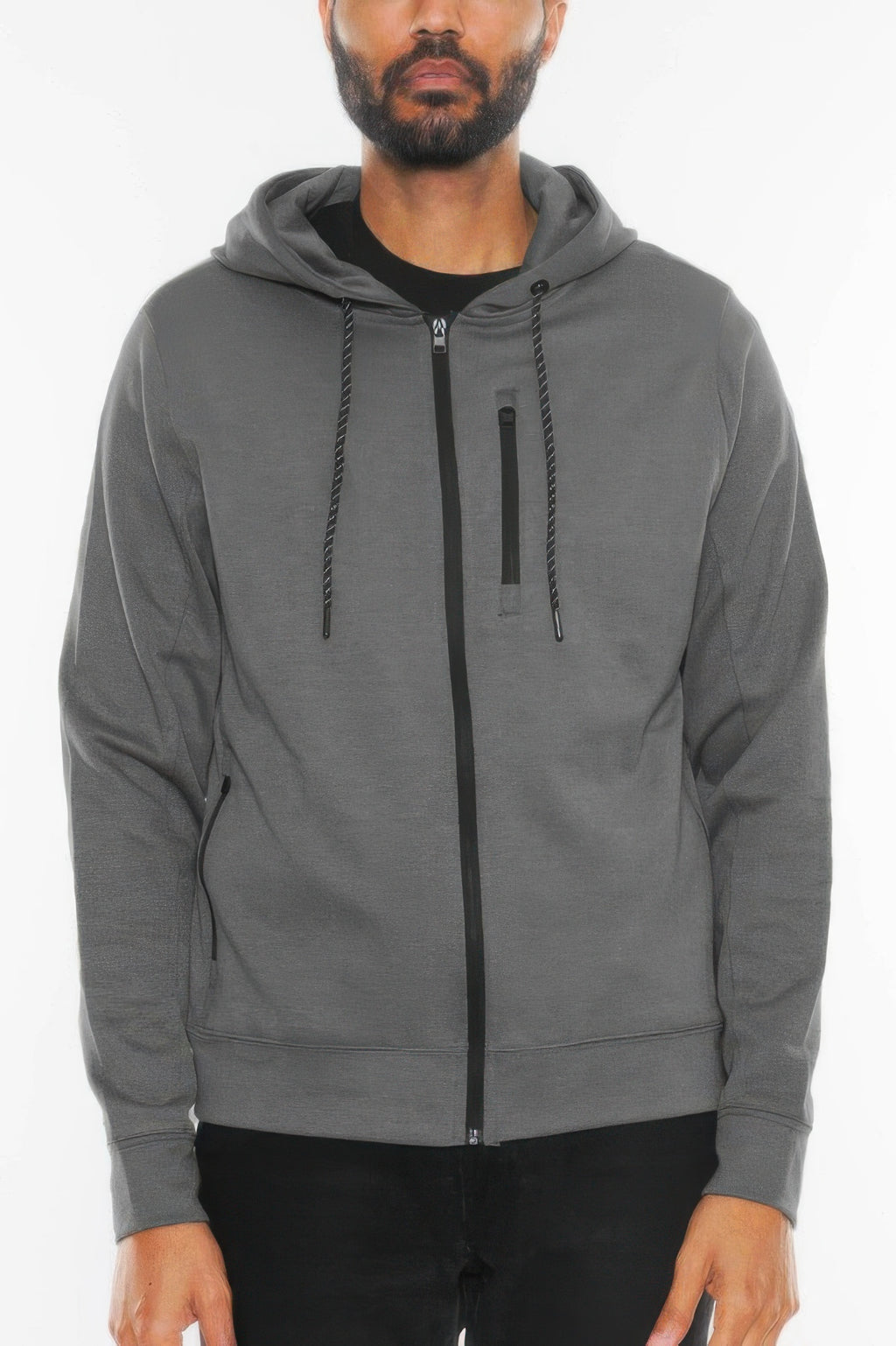 Charcoal heathered full-zip hoodie jacket with black zipper and drawcord hood