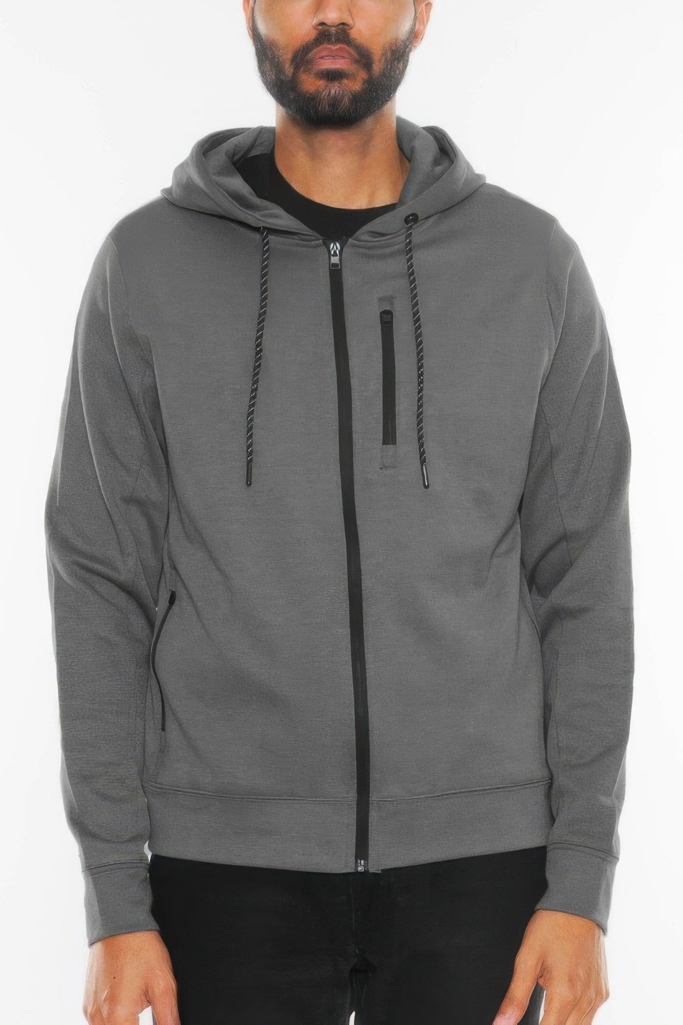 Charcoal heathered full-zip hoodie jacket with black zipper and drawcord hood