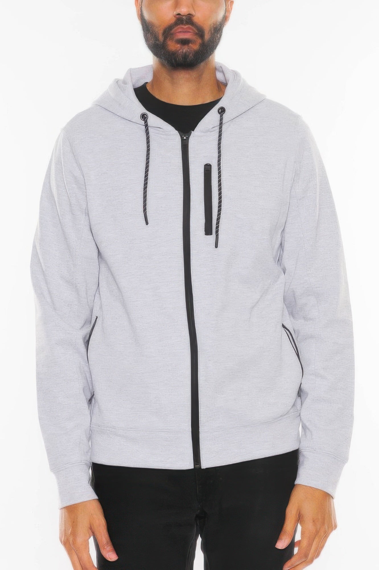 Light heather gray zip-up hoodie jacket with drawstring hood and front zipper