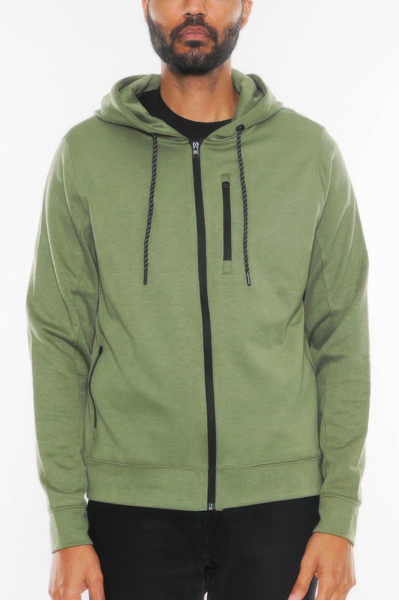 Olive green heathered zip-up hoodie jacket with drawstring hood and front zipper