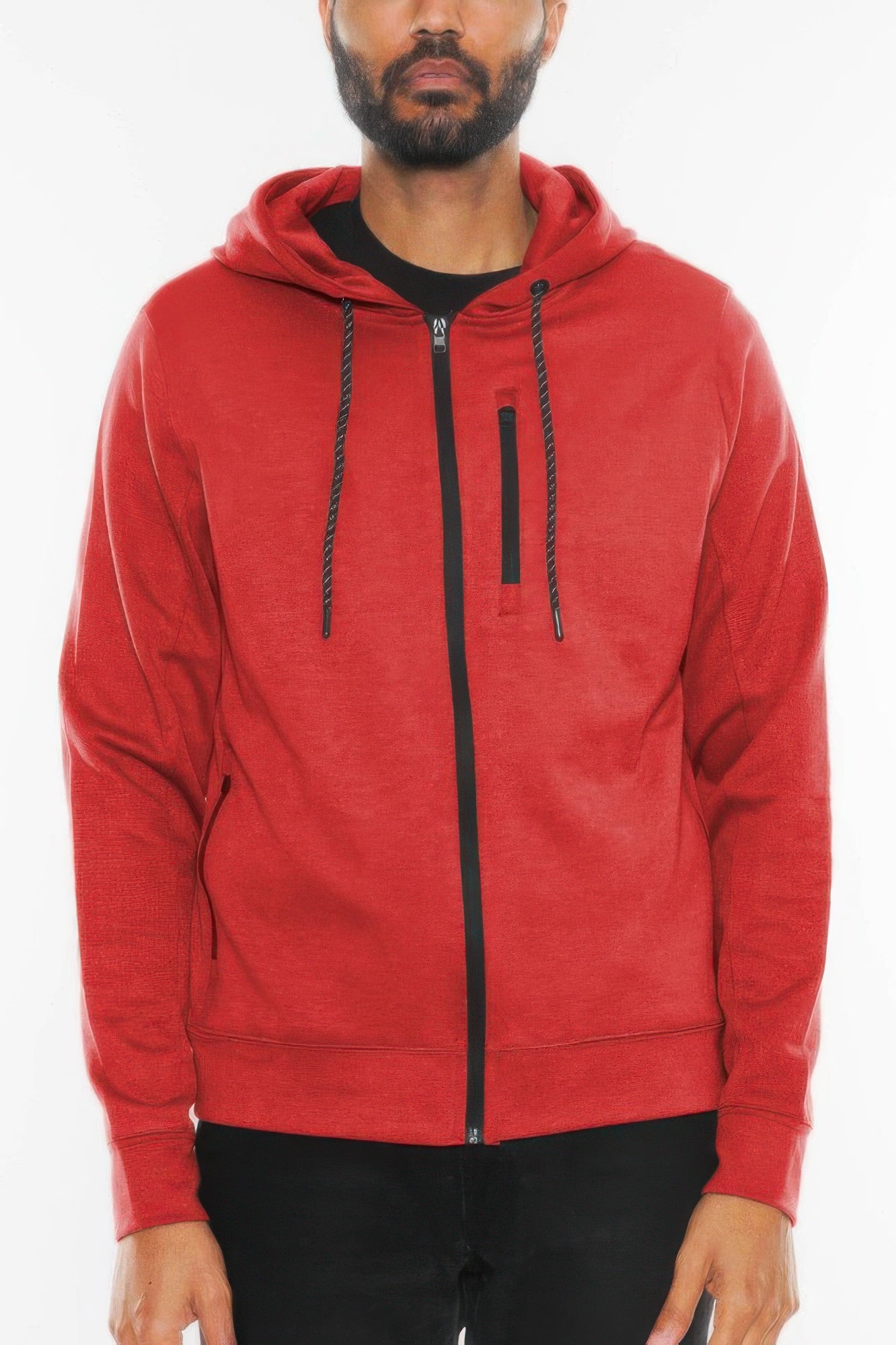 Red heathered zip-up hoodie jacket with drawstring hood and front zipper placket