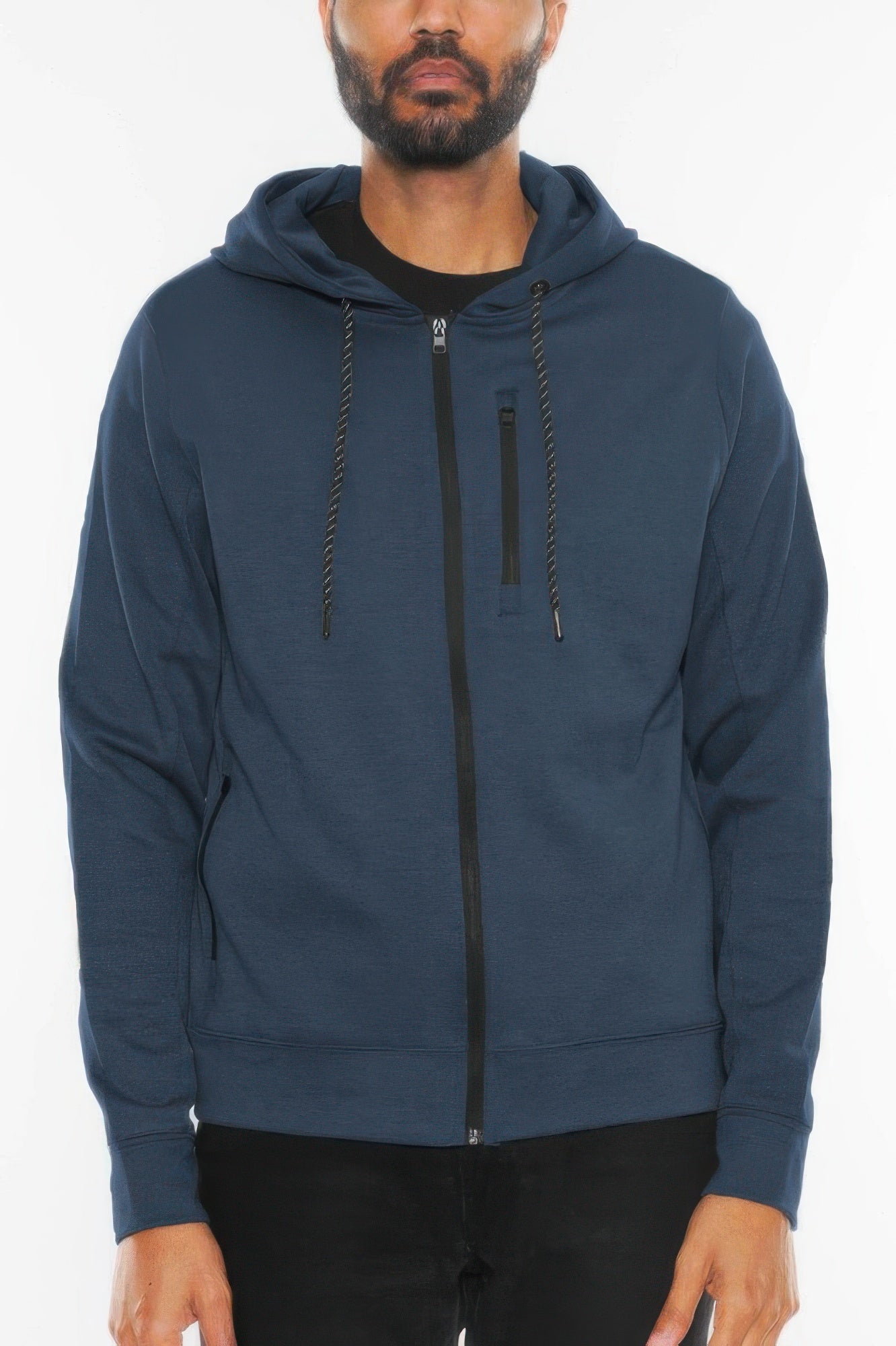 Navy heathered zip-up hoodie jacket with drawstring hood and vertical zip pocket