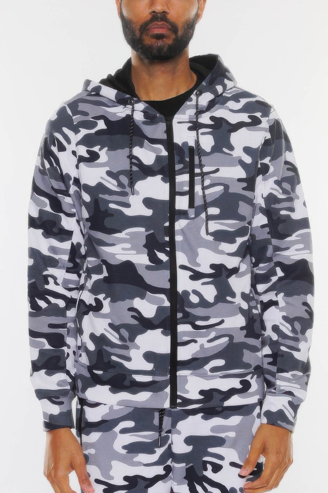 Gray-and-black camo zip-up hoodie jacket with drawstring hood and front zipper