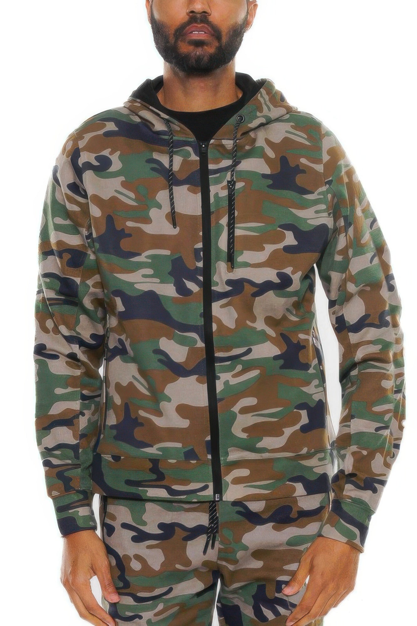 Green-brown camo zip-up hoodie jacket with drawstring hood and front zipper