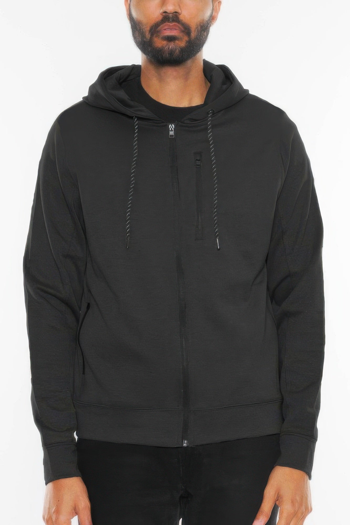 Black heathered zip-up hoodie jacket with drawstring hood and front zipper