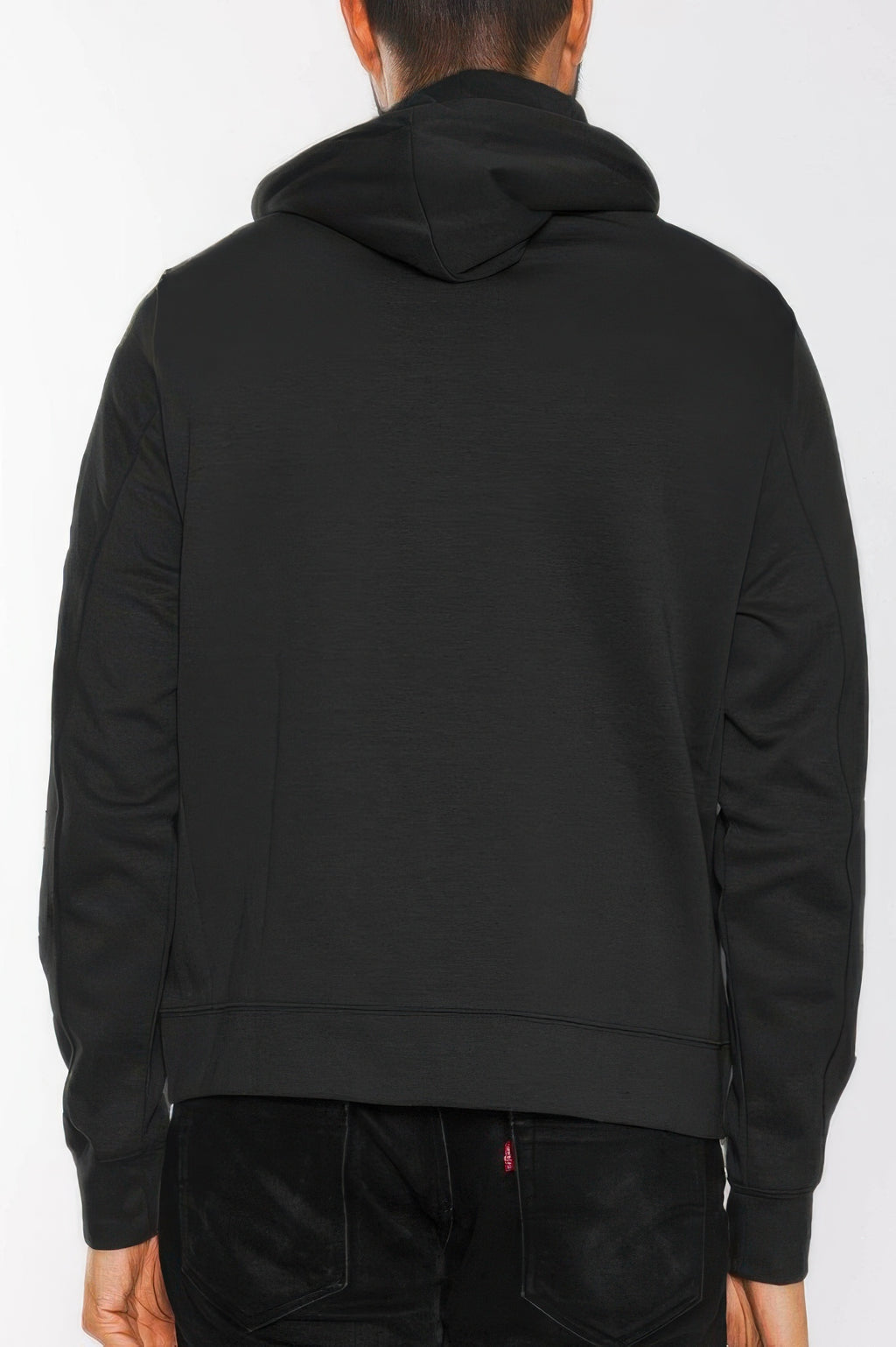 Black heathered zip-up jacket with hood, back view.