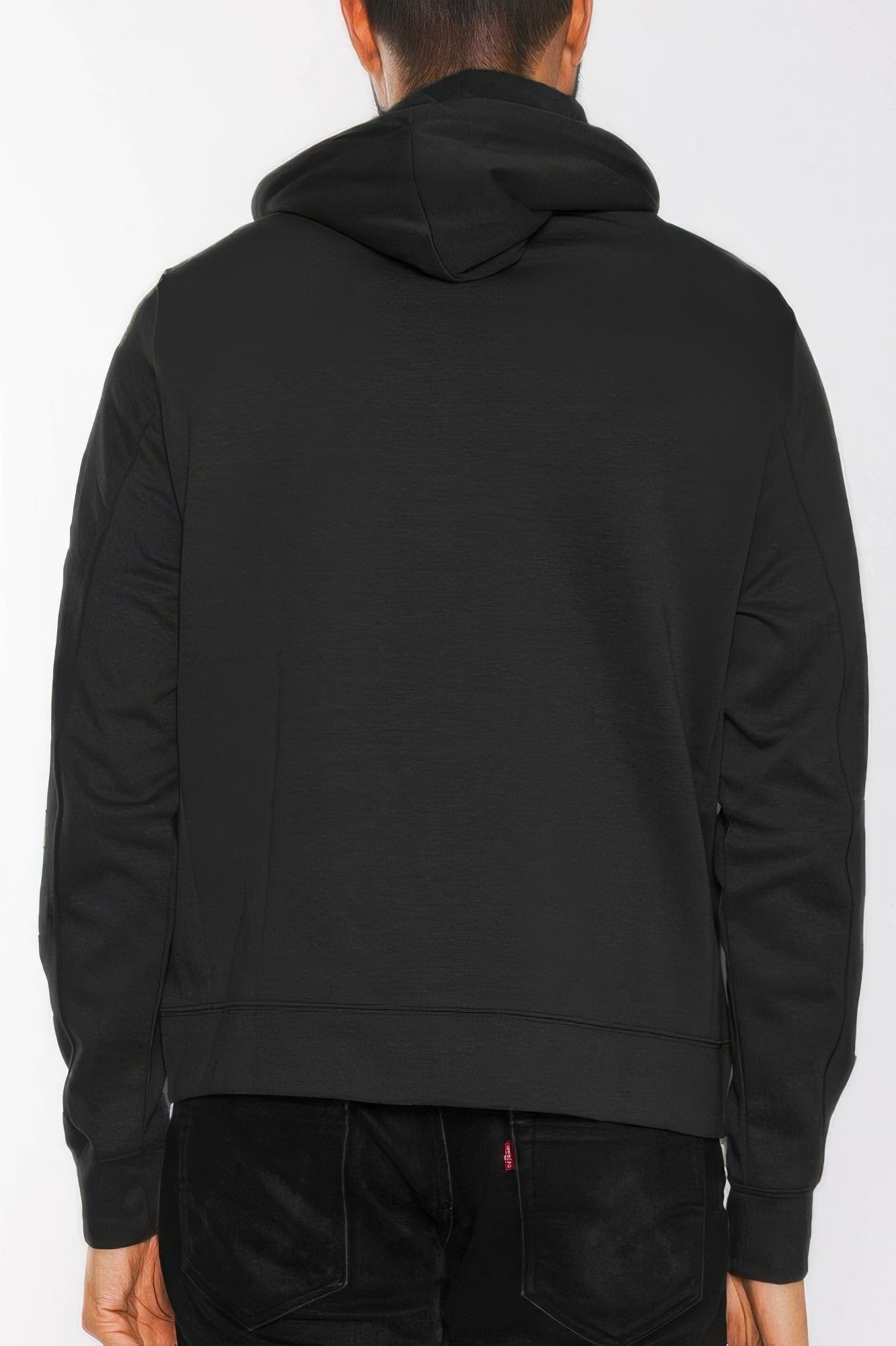Black heathered zip-up jacket with hood, back view.