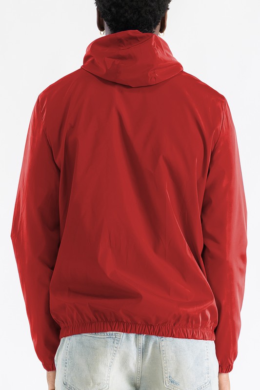 Red lightweight windbreaker jacket, back view, with hood and gathered elastic hem.