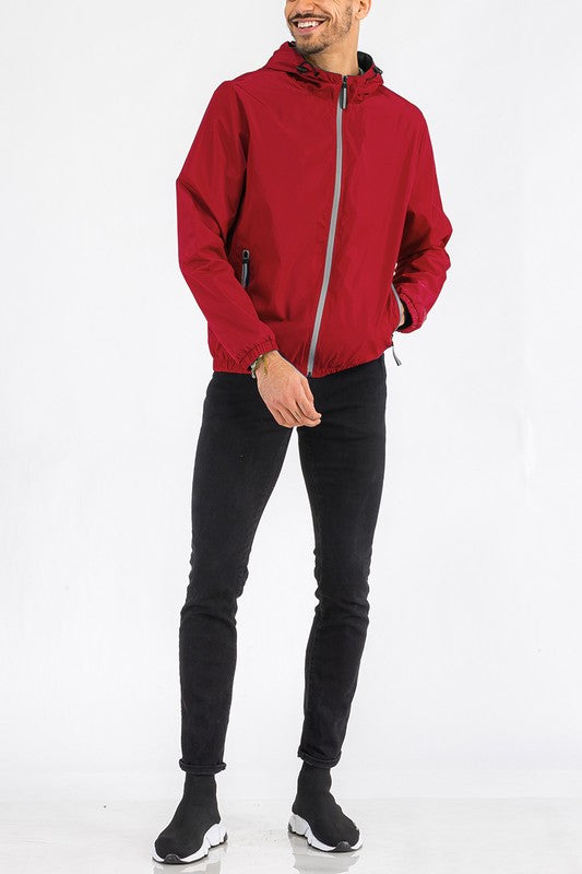 Lightweight hooded windbreaker jacket, red, full front zip with drawstring hood