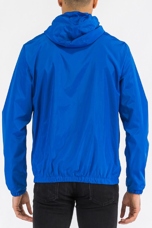 Lightweight hooded windbreaker jacket, blue, back view with adjustable hood