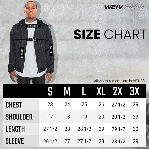 WEIV windbreaker size chart with chest, shoulder, length, and sleeve for S–3XL