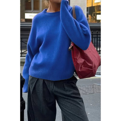 Solid Knit O Neck Long Sleeves Pullover Sweater - Tigbul's Variety Fashion Shop