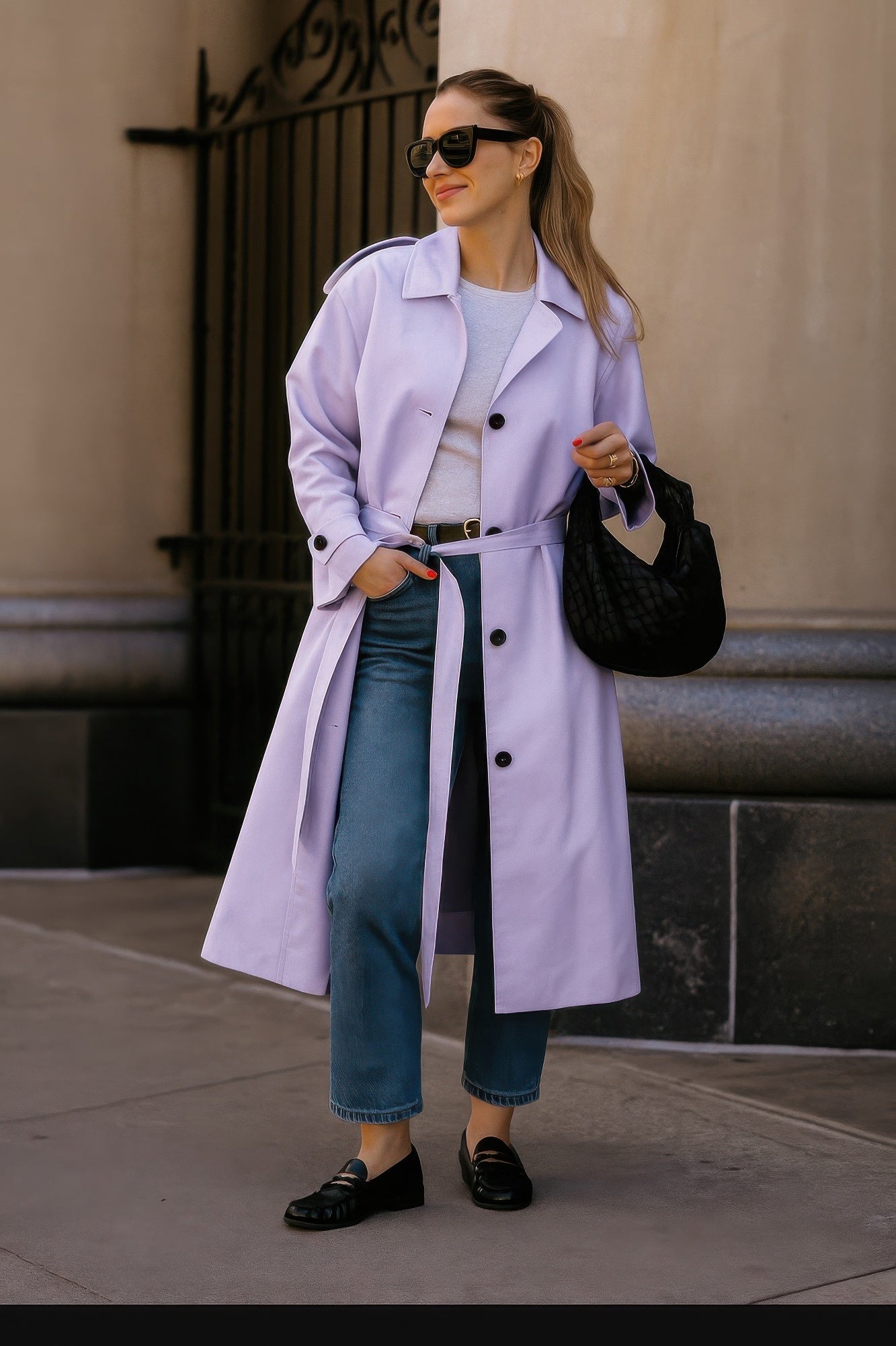 Lilac long sleeve trench coat with belt, buttoned front, lined interior